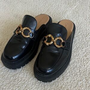 Sam Edelman Circus Black Leather Loafers with Gold Chain Accent